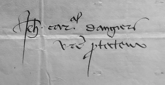 Balue’s autograph signature, “Jehan cardinal d’Angiers, vostre protecteur”, at the foot of a letter dated 8 March 1487