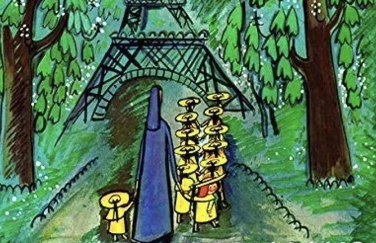 Madeline and her classmates walking to the Eiffel Tower, illustration by Ludwig Bemelmans